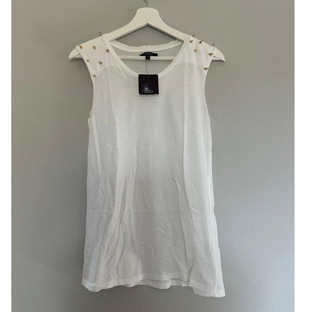 Zara White Muscle Tee with Gold Spikes size Small